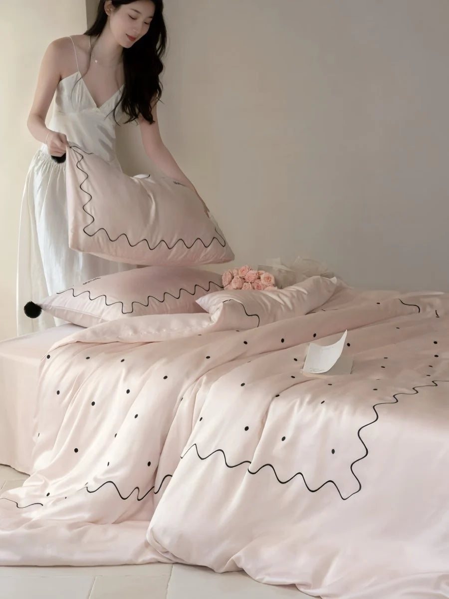 Chic Retro Polka Dot Silky Tencel Lyocell Queen Duvet Cover Set