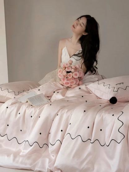 Chic Retro Polka Dot Silky Tencel Lyocell Queen Duvet Cover Set
