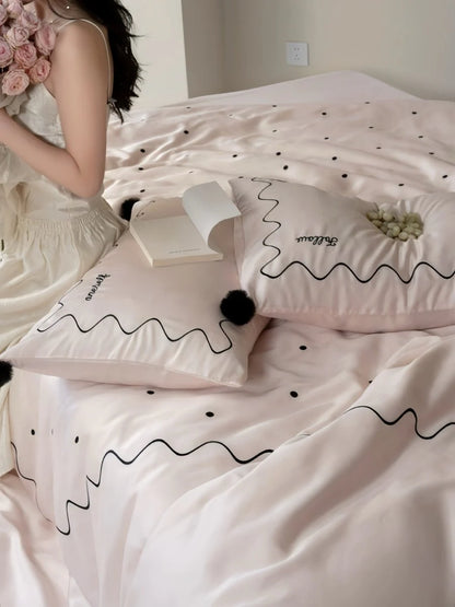 Chic Retro Polka Dot Silky Tencel Lyocell Queen Duvet Cover Set